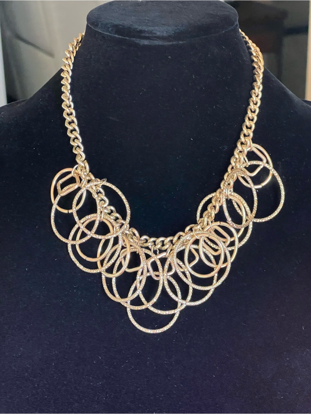 Gold Tone Multi-Ring Statement Necklace - Elegant Layered Circles